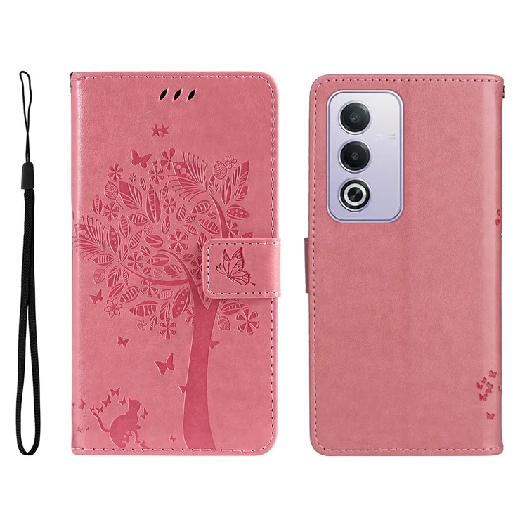 For Oppo A3 Pro (Global) 5G Phone Case with Stand Cat Tree Pattern Leather Wallet Mobile Cover - Pink