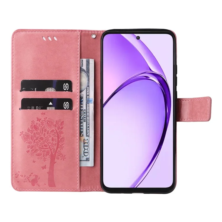 For Oppo A3 Pro (Global) 5G Phone Case with Stand Cat Tree Pattern Leather Wallet Mobile Cover - Pink
