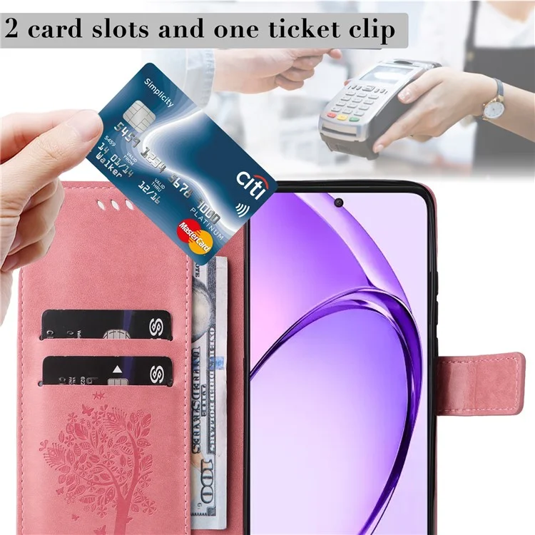 For Oppo A3 Pro (Global) 5G Phone Case with Stand Cat Tree Pattern Leather Wallet Mobile Cover - Pink