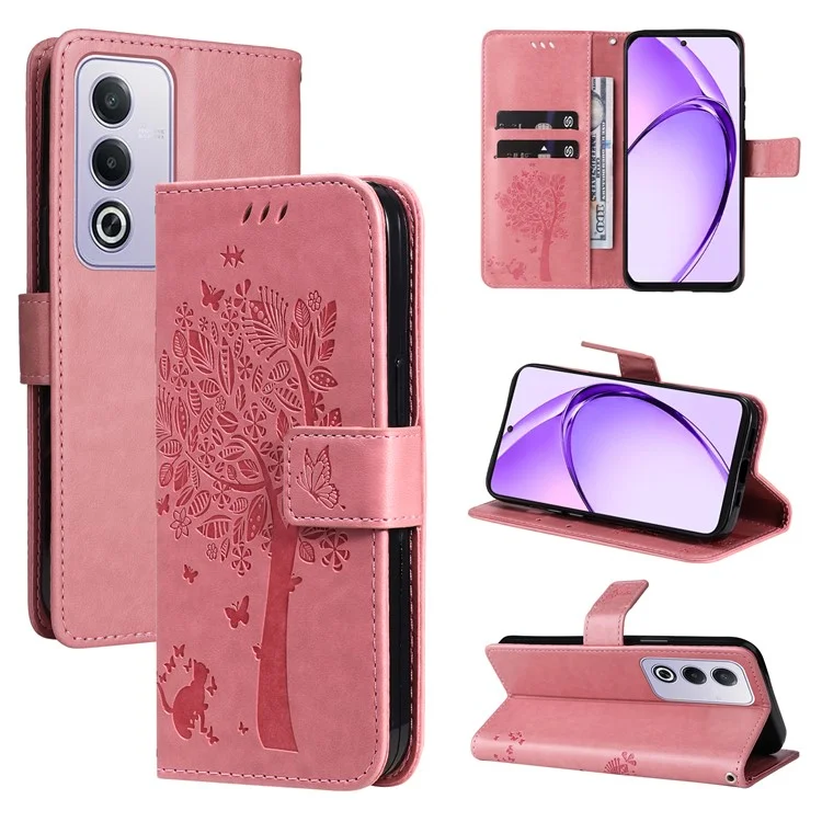 For Oppo A3 Pro (Global) 5G Phone Case with Stand Cat Tree Pattern Leather Wallet Mobile Cover - Pink