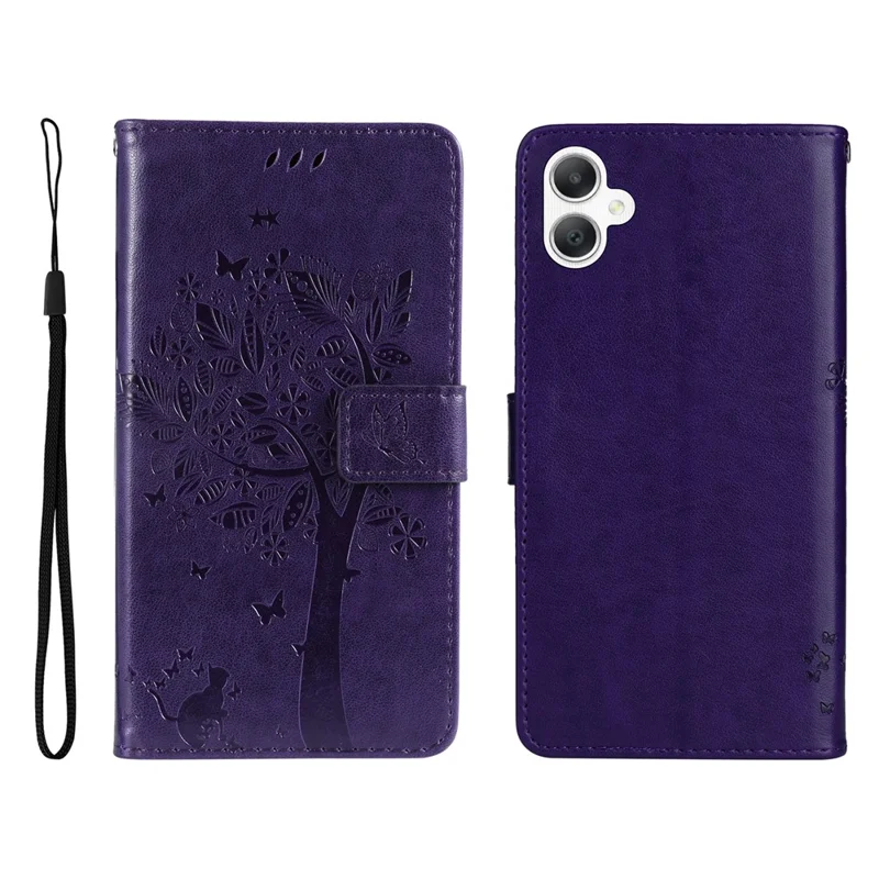 Til Samsung Galaxy A07 5G / A06 4G / A06 5G, telefonbeskytter med stand, kat og træmønster, lommebeskytter i læder - Lilla
