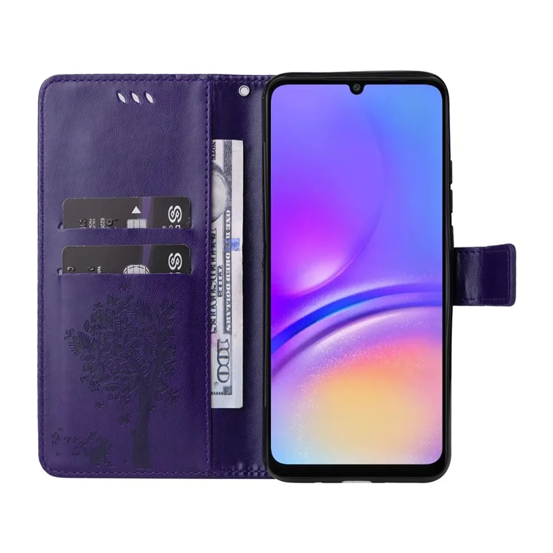 Til Samsung Galaxy A07 5G / A06 4G / A06 5G, telefonbeskytter med stand, kat og træmønster, lommebeskytter i læder - Lilla