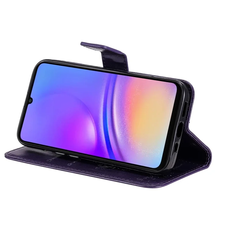 Til Samsung Galaxy A07 5G / A06 4G / A06 5G, telefonbeskytter med stand, kat og træmønster, lommebeskytter i læder - Lilla