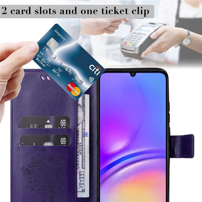 Til Samsung Galaxy A07 5G / A06 4G / A06 5G, telefonbeskytter med stand, kat og træmønster, lommebeskytter i læder - Lilla