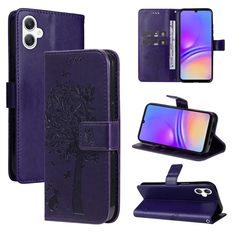 Til Samsung Galaxy A07 5G / A06 4G / A06 5G, telefonbeskytter med stand, kat og træmønster, lommebeskytter i læder - Lilla