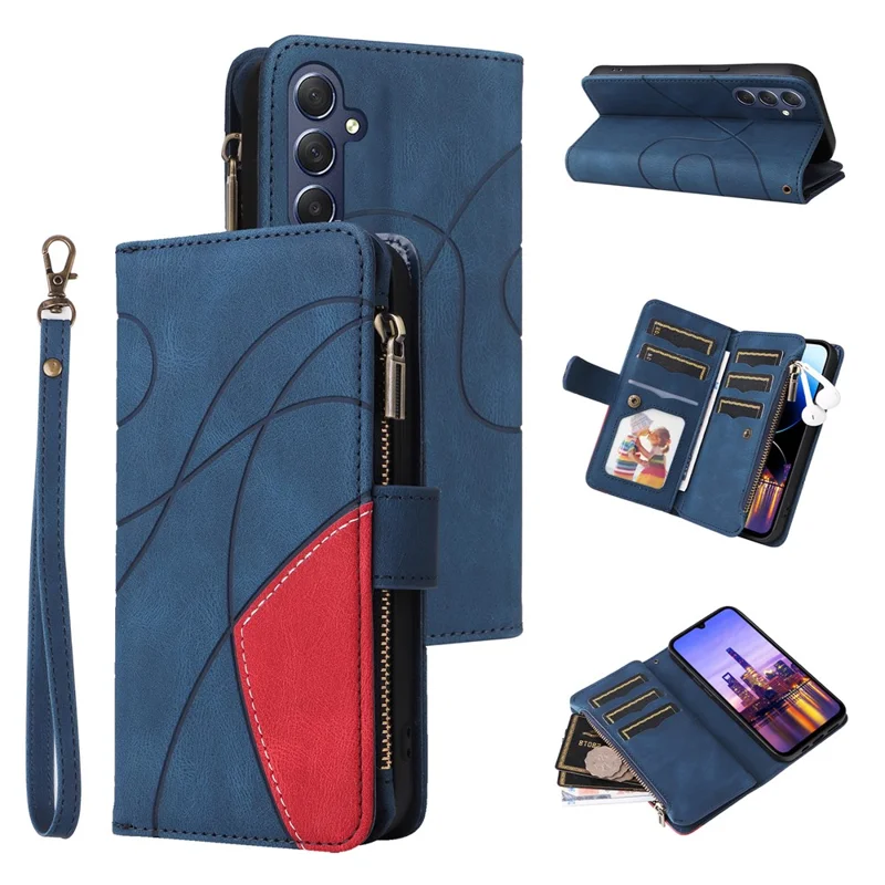 For Samsung Galaxy A17 5G / A17 4G / A26 5G / A16 5G / A16 4G Leather Case with Strap Zipper 9 Card Slot Phone Cover Stand - Blue