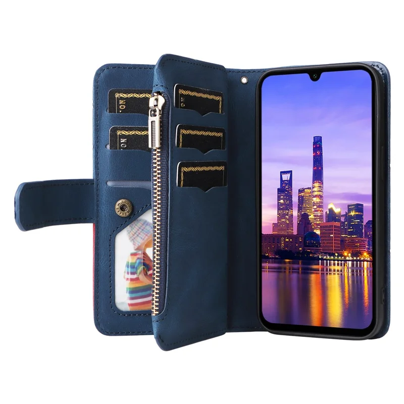 For Samsung Galaxy A17 5G / A17 4G / A26 5G / A16 5G / A16 4G Leather Case with Strap Zipper 9 Card Slot Phone Cover Stand - Blue