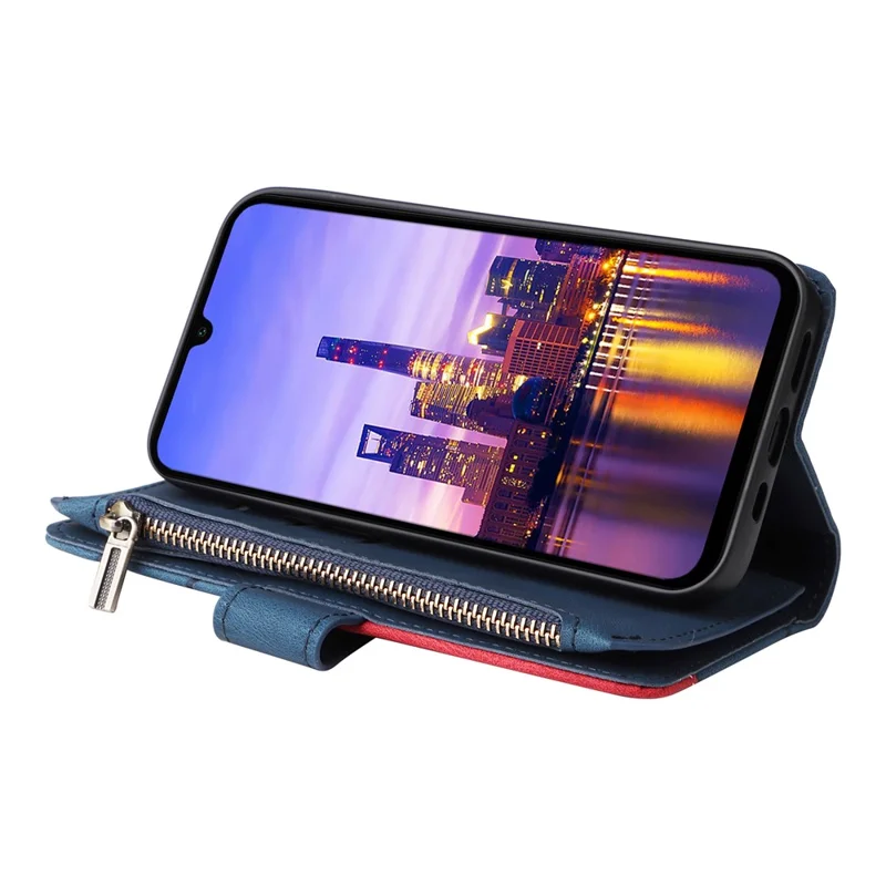 For Samsung Galaxy A17 5G / A17 4G / A26 5G / A16 5G / A16 4G Leather Case with Strap Zipper 9 Card Slot Phone Cover Stand - Blue
