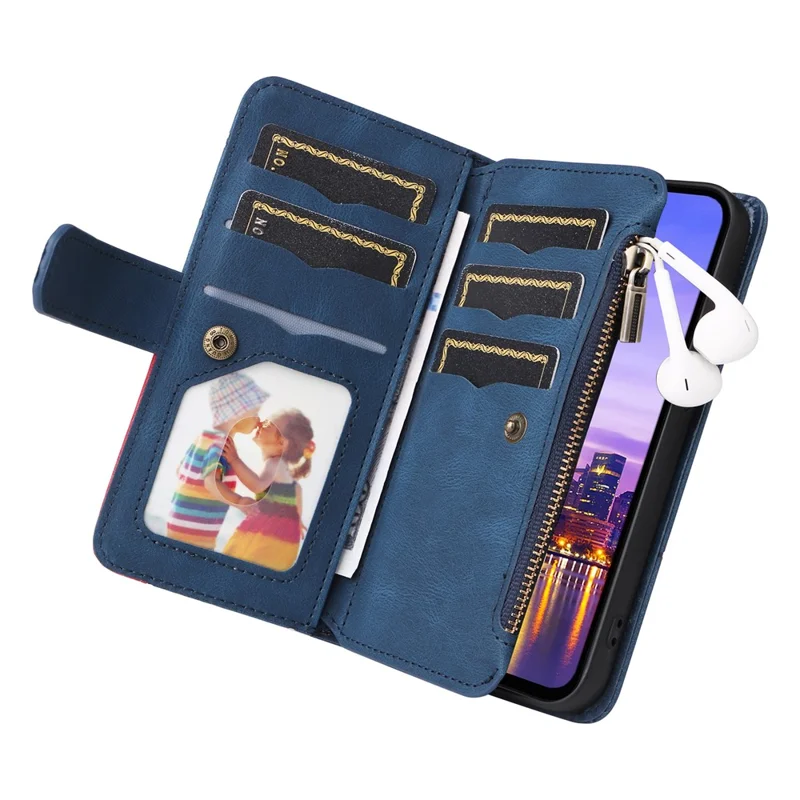 For Samsung Galaxy A17 5G / A17 4G / A26 5G / A16 5G / A16 4G Leather Case with Strap Zipper 9 Card Slot Phone Cover Stand - Blue