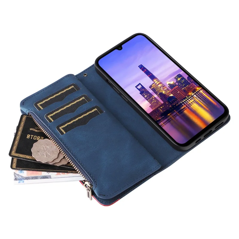 For Samsung Galaxy A17 5G / A17 4G / A26 5G / A16 5G / A16 4G Leather Case with Strap Zipper 9 Card Slot Phone Cover Stand - Blue
