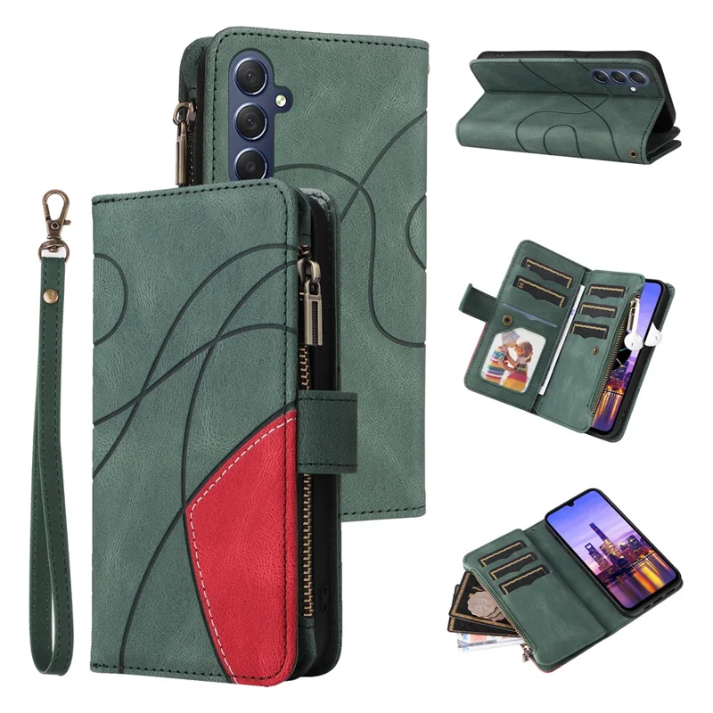 For Samsung Galaxy A17 5G / A17 4G / A26 5G / A16 5G / A16 4G Leather Case with Strap Zipper 9 Card Slot Phone Cover Stand - Green