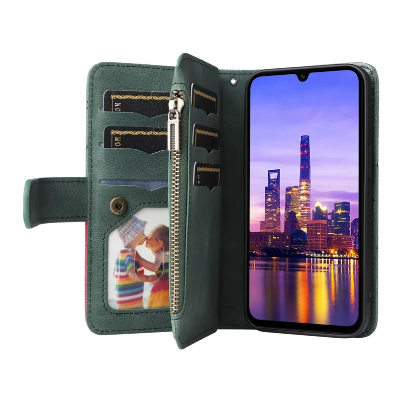 For Samsung Galaxy A17 5G / A17 4G / A26 5G / A16 5G / A16 4G Leather Case with Strap Zipper 9 Card Slot Phone Cover Stand - Green