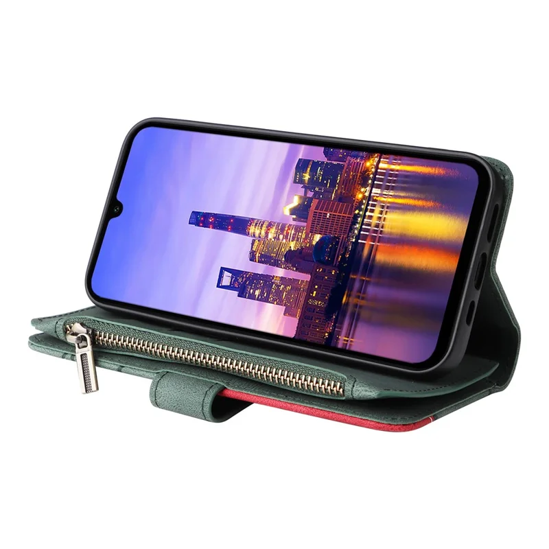 For Samsung Galaxy A17 5G / A17 4G / A26 5G / A16 5G / A16 4G Leather Case with Strap Zipper 9 Card Slot Phone Cover Stand - Green