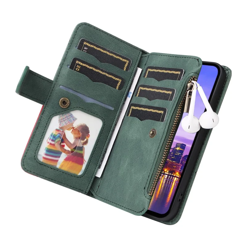 For Samsung Galaxy A17 5G / A17 4G / A26 5G / A16 5G / A16 4G Leather Case with Strap Zipper 9 Card Slot Phone Cover Stand - Green