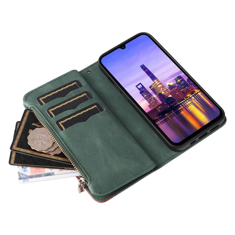 For Samsung Galaxy A17 5G / A17 4G / A26 5G / A16 5G / A16 4G Leather Case with Strap Zipper 9 Card Slot Phone Cover Stand - Green
