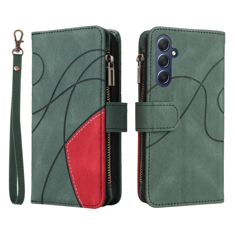 For Samsung Galaxy A17 5G / A17 4G / A26 5G / A16 5G / A16 4G Leather Case with Strap Zipper 9 Card Slot Phone Cover Stand - Green