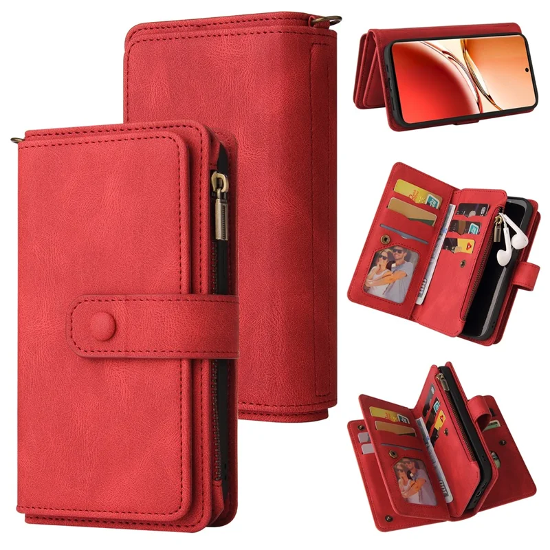 For Oppo Reno12 F 5G Zipper Wallet Case with 15 Card Slots and Strap Leather Phone Cover - Red