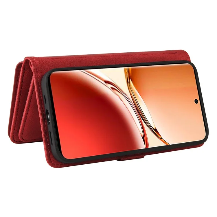 For Oppo Reno12 F 5G Zipper Wallet Case with 15 Card Slots and Strap Leather Phone Cover - Red