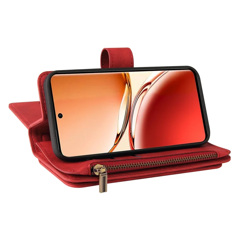 For Oppo Reno12 F 5G Zipper Wallet Case with 15 Card Slots and Strap Leather Phone Cover - Red