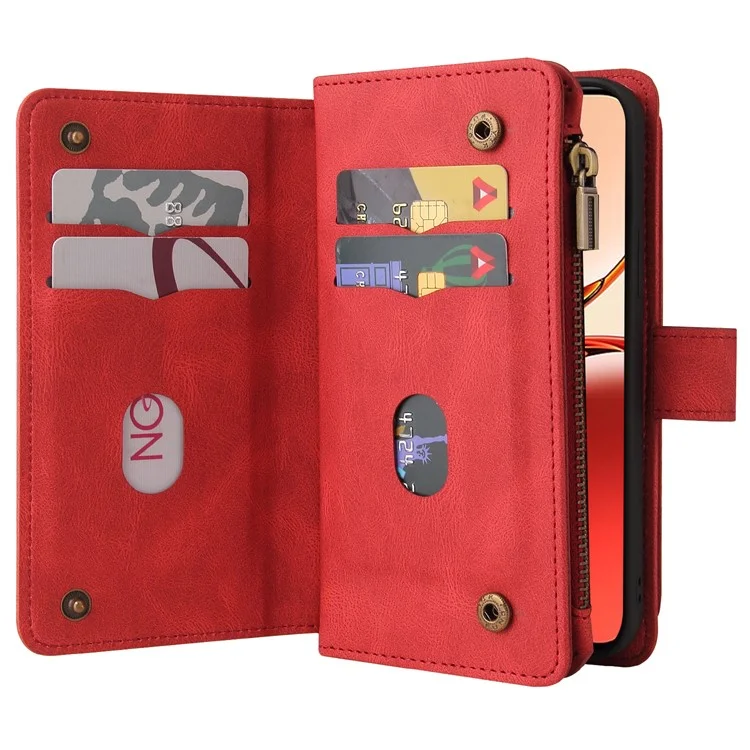 For Oppo Reno12 F 5G Zipper Wallet Case with 15 Card Slots and Strap Leather Phone Cover - Red