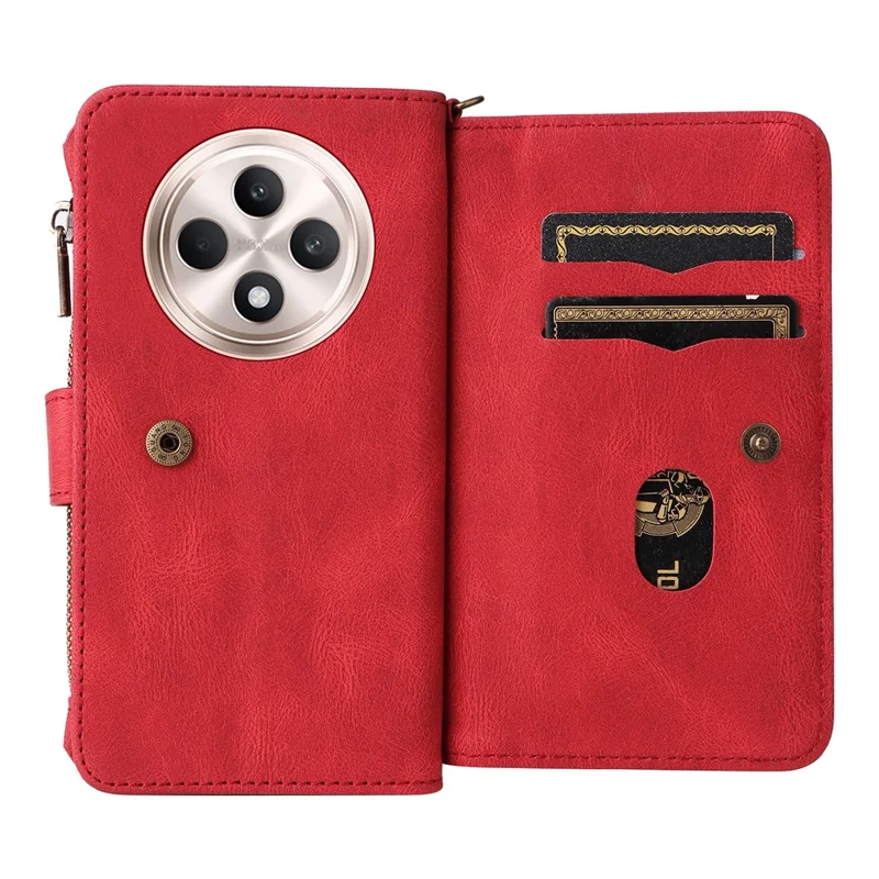 For Oppo Reno12 F 5G Zipper Wallet Case with 15 Card Slots and Strap Leather Phone Cover - Red