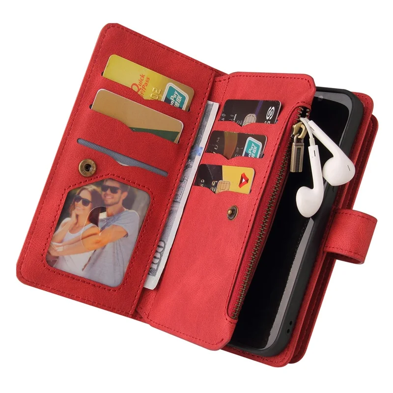 For Oppo Reno12 F 5G Zipper Wallet Case with 15 Card Slots and Strap Leather Phone Cover - Red