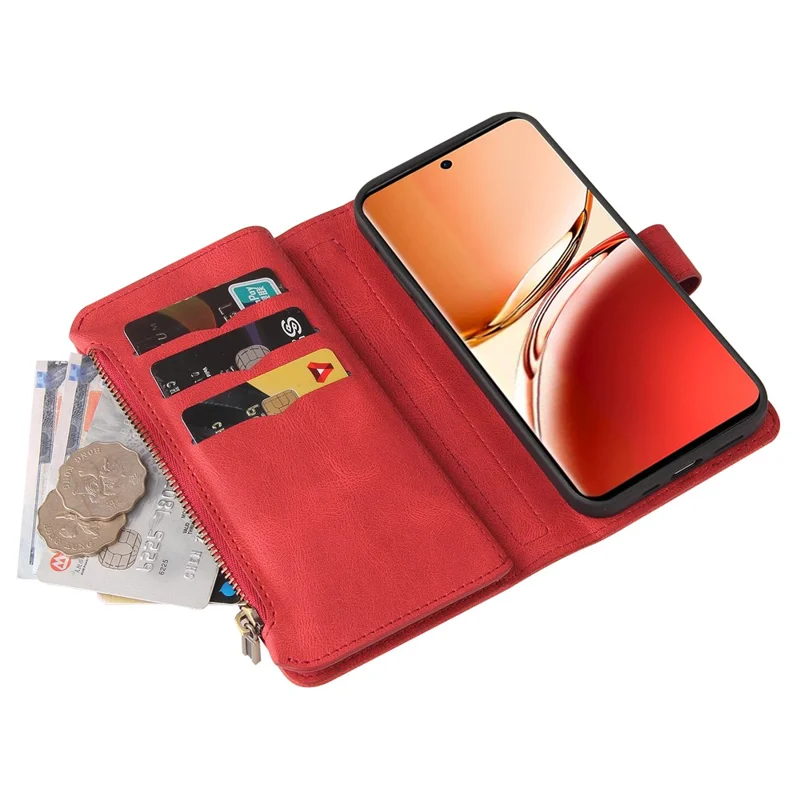 For Oppo Reno12 F 5G Zipper Wallet Case with 15 Card Slots and Strap Leather Phone Cover - Red