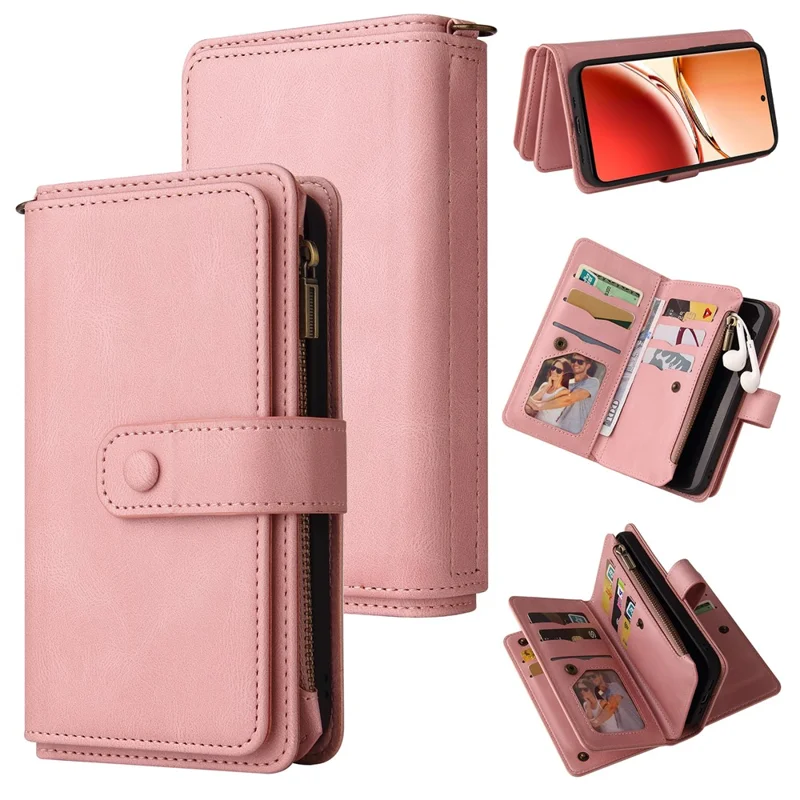 For Oppo Reno12 F 5G Zipper Wallet Case with 15 Card Slots and Strap Leather Phone Cover - Pink