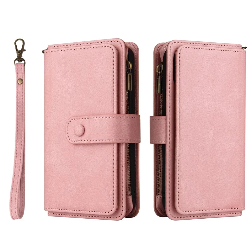 For Oppo Reno12 F 5G Zipper Wallet Case with 15 Card Slots and Strap Leather Phone Cover - Pink