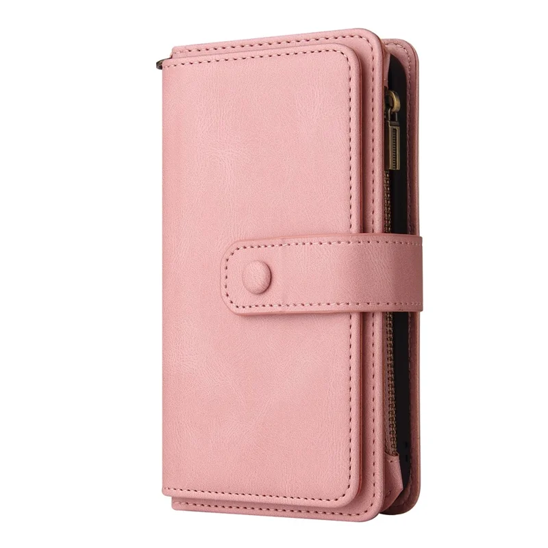 For Oppo Reno12 F 5G Zipper Wallet Case with 15 Card Slots and Strap Leather Phone Cover - Pink