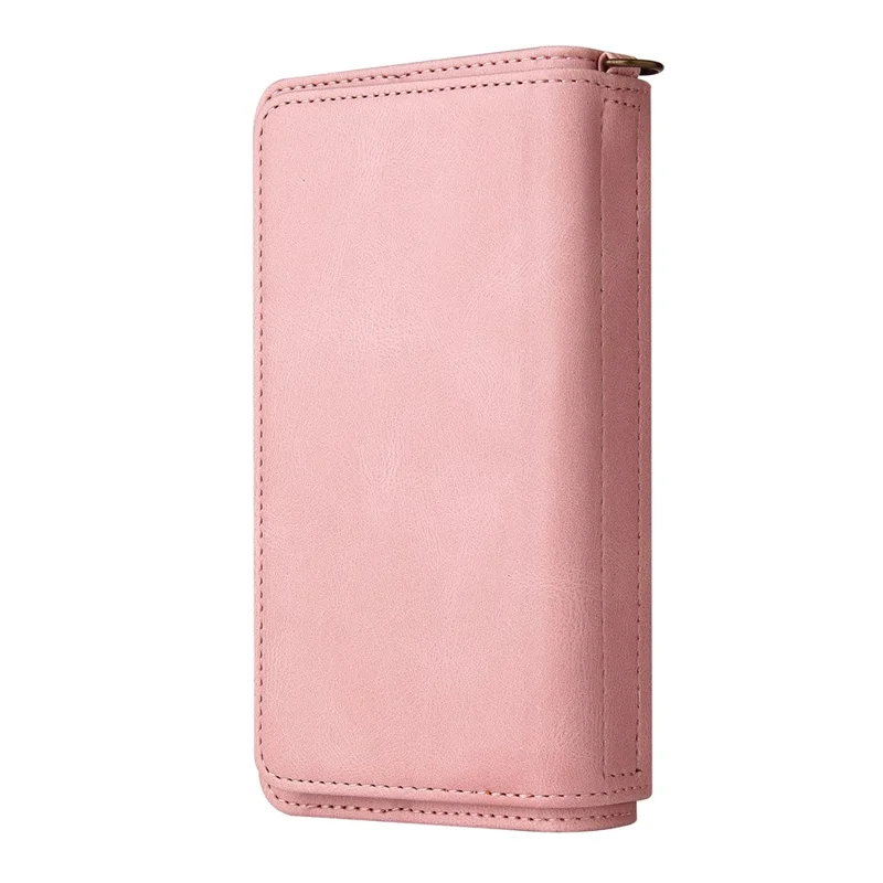 For Oppo Reno12 F 5G Zipper Wallet Case with 15 Card Slots and Strap Leather Phone Cover - Pink