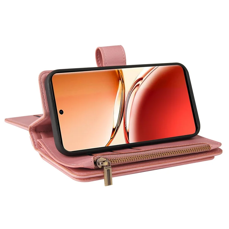 For Oppo Reno12 F 5G Zipper Wallet Case with 15 Card Slots and Strap Leather Phone Cover - Pink
