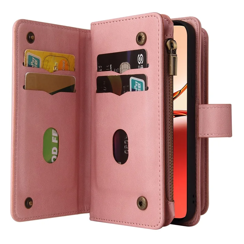 For Oppo Reno12 F 5G Zipper Wallet Case with 15 Card Slots and Strap Leather Phone Cover - Pink