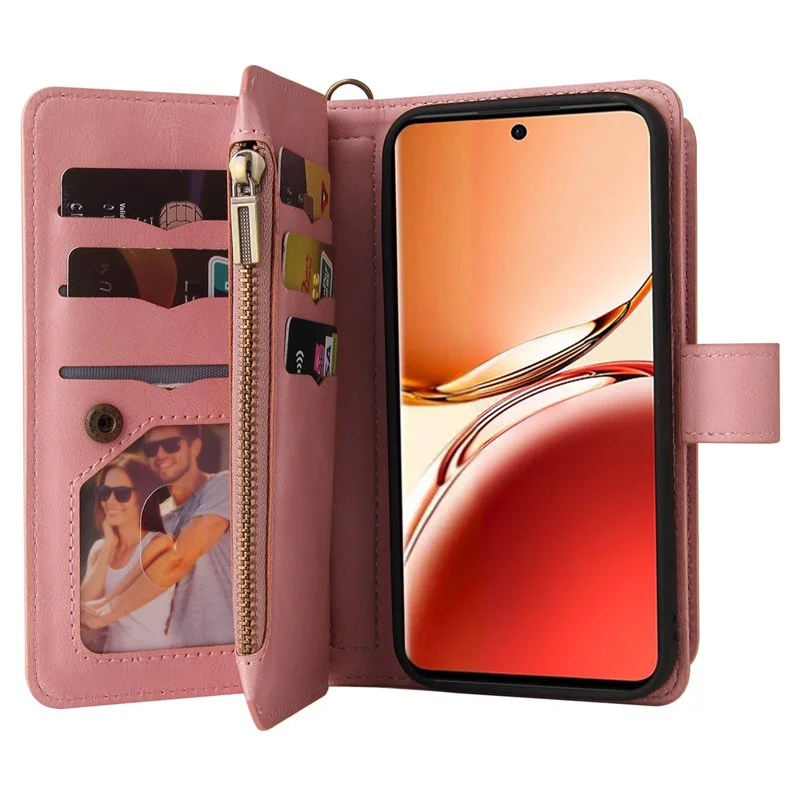 For Oppo Reno12 F 5G Zipper Wallet Case with 15 Card Slots and Strap Leather Phone Cover - Pink