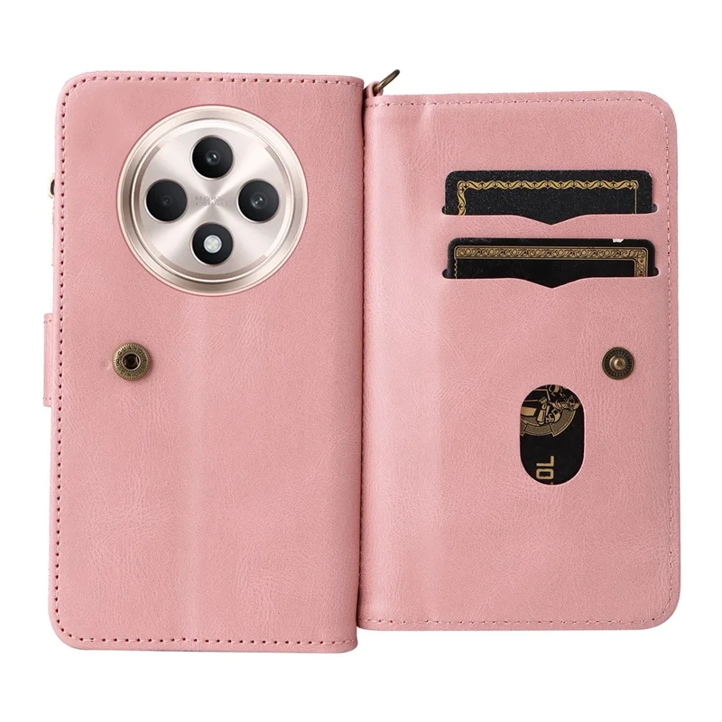 For Oppo Reno12 F 5G Zipper Wallet Case with 15 Card Slots and Strap Leather Phone Cover - Pink