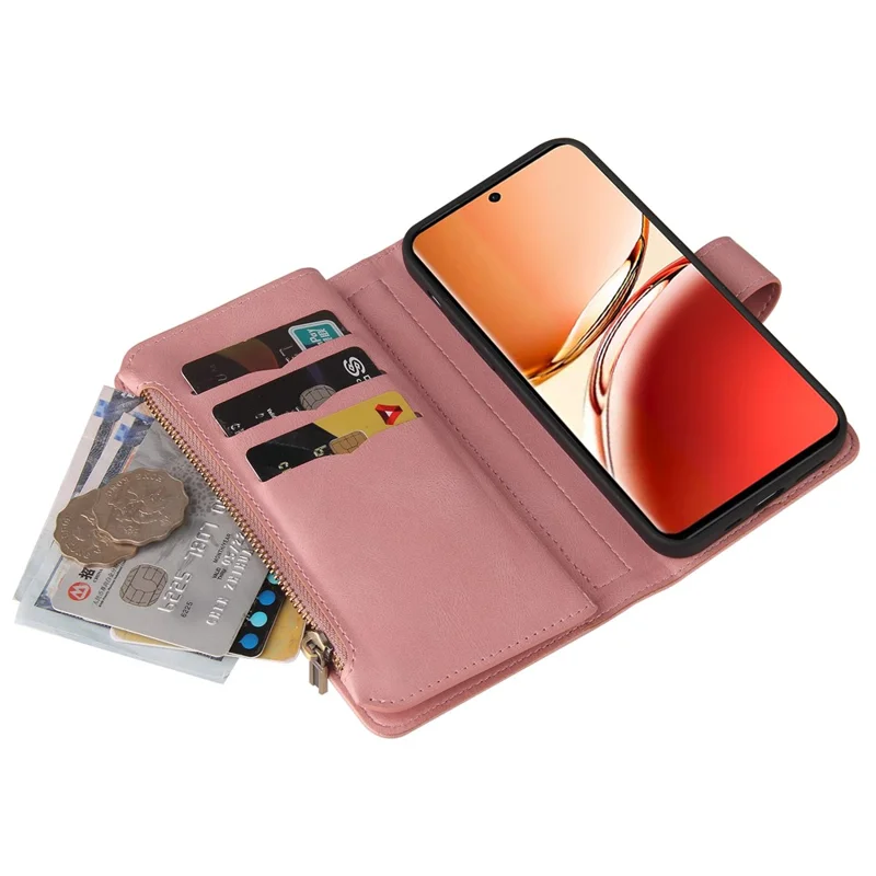 For Oppo Reno12 F 5G Zipper Wallet Case with 15 Card Slots and Strap Leather Phone Cover - Pink