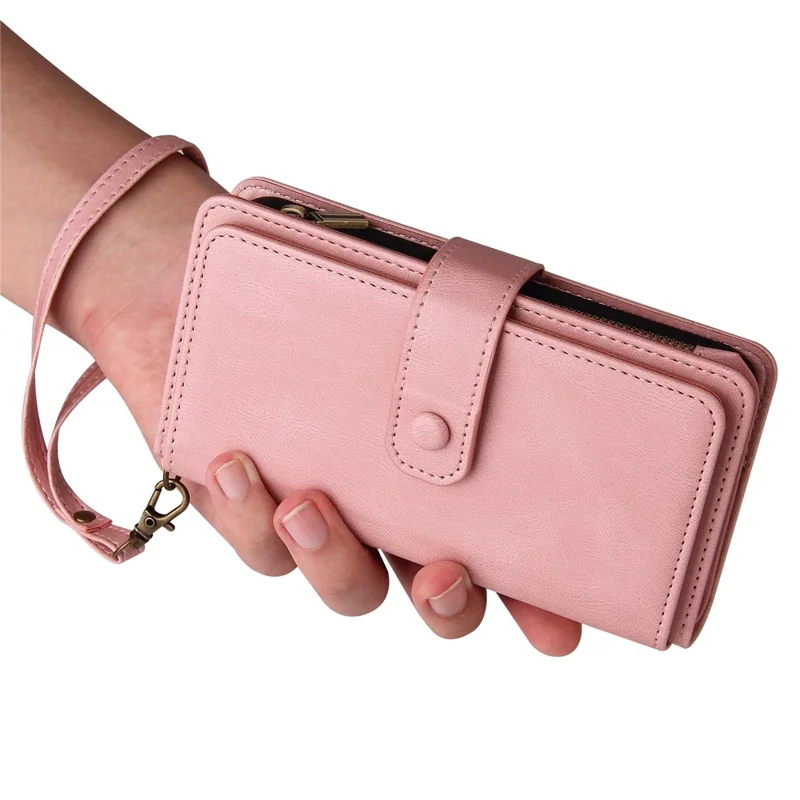 For Oppo Reno12 F 5G Zipper Wallet Case with 15 Card Slots and Strap Leather Phone Cover - Pink