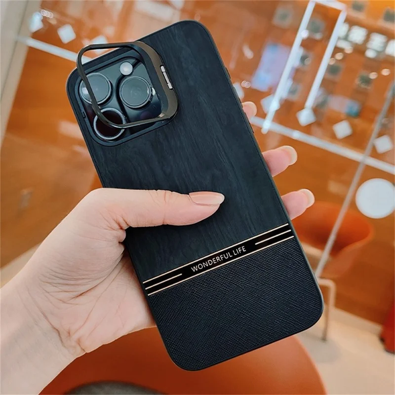For iPhone 14 Pro Case Lens Frame Kickstand TPU+PC Wood Grain Phone Cover - Black