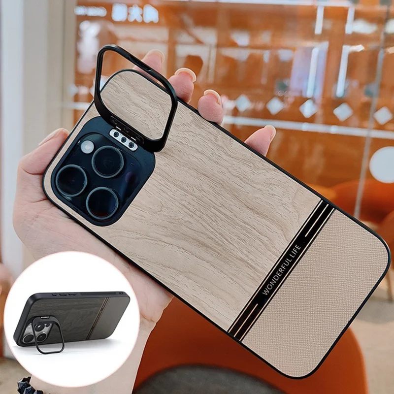 For iPhone 14 Pro Case Lens Frame Kickstand TPU+PC Wood Grain Phone Cover - Black