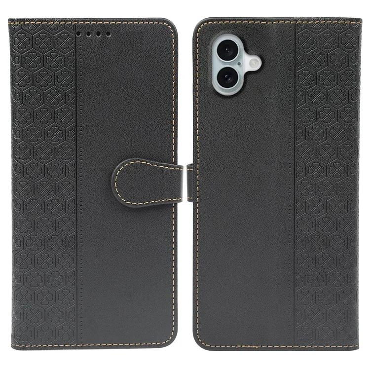 Для Iphone 16 Case Magnetic Clasp Four-Leaf Clover Кожаная Чехла Телефона - Черный
