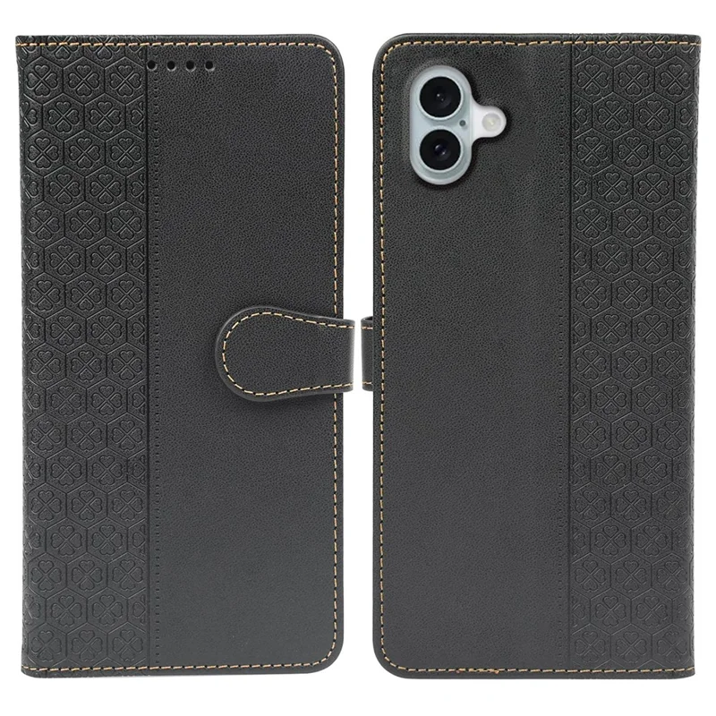 Для Iphone 16 Plus Case Magnetic Clasp Four-Leaf Clover Кожаный Телефон. - Черный