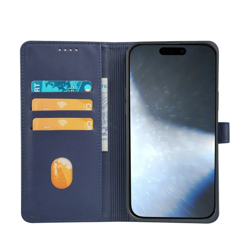 For iPhone 16 Plus Case Magnetic Clasp Four-Leaf Clover Leather Phone Cover - Blue