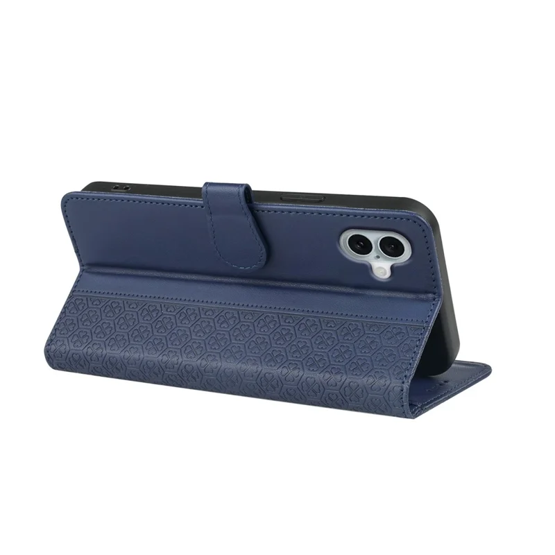 For iPhone 16 Plus Case Magnetic Clasp Four-Leaf Clover Leather Phone Cover - Blue