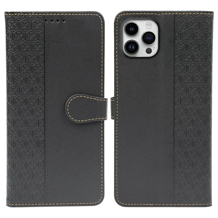 Para Iphone 16 Pro Case Magnetic Clopp Cover de Cuero de Cuero de Cuatro Hojas - Negro