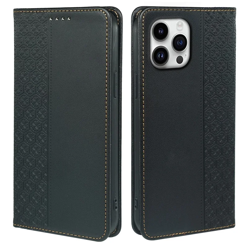Para Iphone 16 Pro Max Case de Quatro Folhas Clover Cheatra Flip Tampo Stand Stand Wallet - Preto