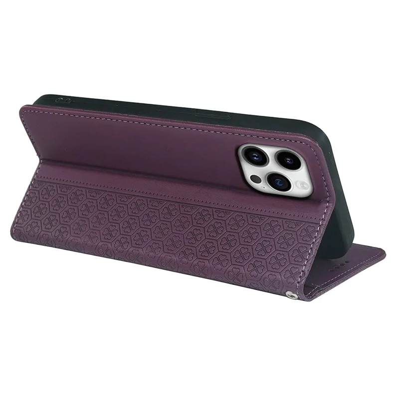 For iPhone 16 Pro Max Case Four-Leaf Clover Leather Flip Phone Cover Stand Wallet - Dark Purple