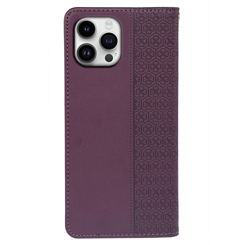 For iPhone 16 Pro Max Case Four-Leaf Clover Leather Flip Phone Cover Stand Wallet - Dark Purple