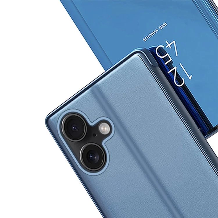 For iPhone 16 Case View Window Stand Leather Flip Phone Cover - Blue