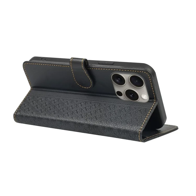 Para Iphone 15 Pro Case Magnetic Clopp Cover de Cuero de Trébol de Cuatro Hojas - Negro