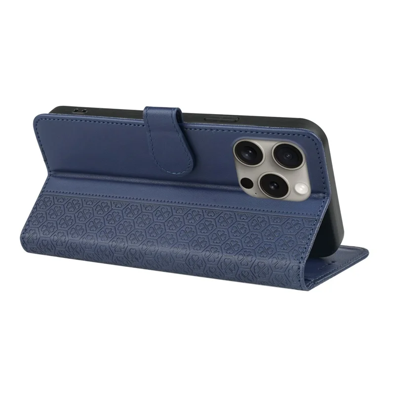 For iPhone 14 Pro Case Magnetic Clasp Four-Leaf Clover Leather Phone Cover - Blue